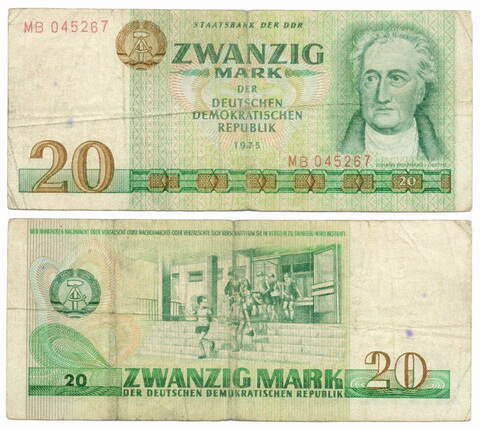 Банкнота Германия-ГДР 20 марок 1975 год MB 045267. F