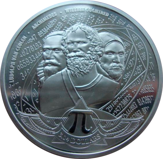 Доллар 14.02 2024. Монета с числом пи. Монета грации с Архимед ом. Людольф Цейлен. Науру 5 долларов 2020.