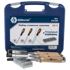 Набор стамесок КОБАЛЬТ плоских: 8, 16, 22 х 140 мм, CR-V, деревянная рукоятка, точильн. ка (245-886)