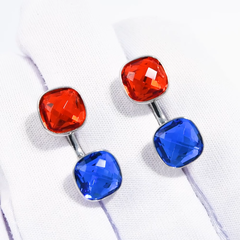 Серьги джекеты двойные из серебра с красными и синими кристаллами