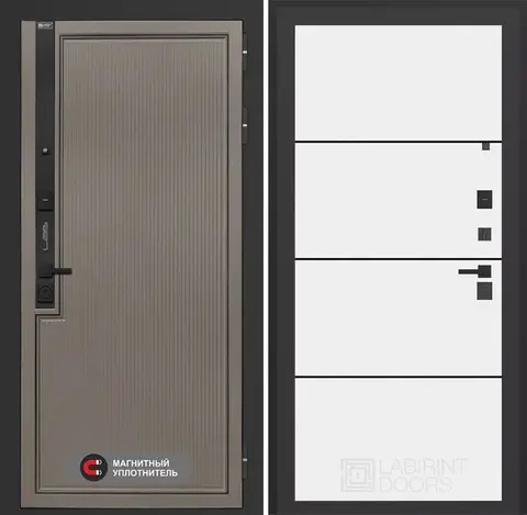 Входная дверь в квартиру Лабиринт с повышенной шумоизоляцией Лаб про 1 Велютто кофе 25 Белый софт, черные молдинги (без текстуры)