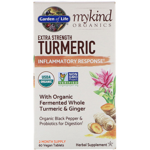 Garden of Life, MyKind Organics, куркума усиленного действия, поддержка реагирования на воспаления, 60 веганских таблеток
