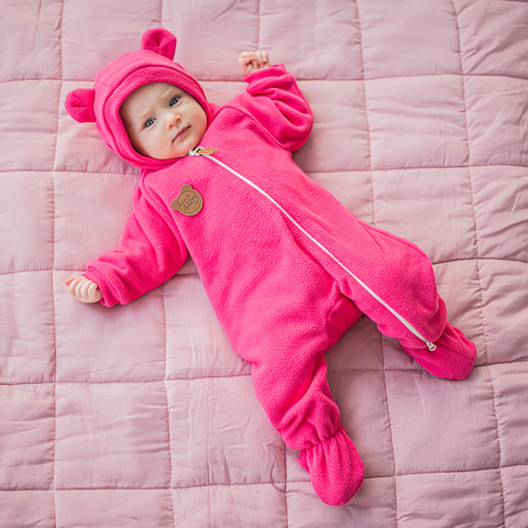 Fleece jumpsuit with earflaps 0-3 months - Raspberry