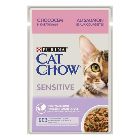 Purina Cat Chow пауч для кошек с чувствительным пищеварением лосось/кабачок 85г