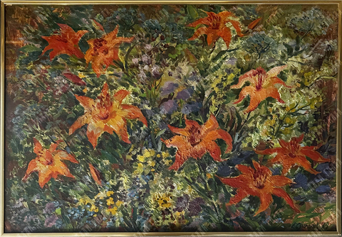 Сухомлинова Е. С. Лилии цветут. Масло. 1974 г.