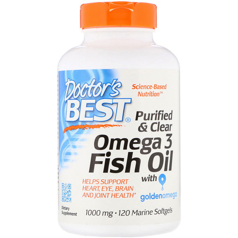Doctor's Best, Очищенный и прозрачный рыбий жир с омега-3, Goldenomega, 1000 мг, 120 рыбно-желатиновых мягких капсул