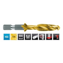 Метчик М 3,0х0,5 (Для шуруповерта, 3 в 1) HSS-TiN 6h 51мм a=1/4