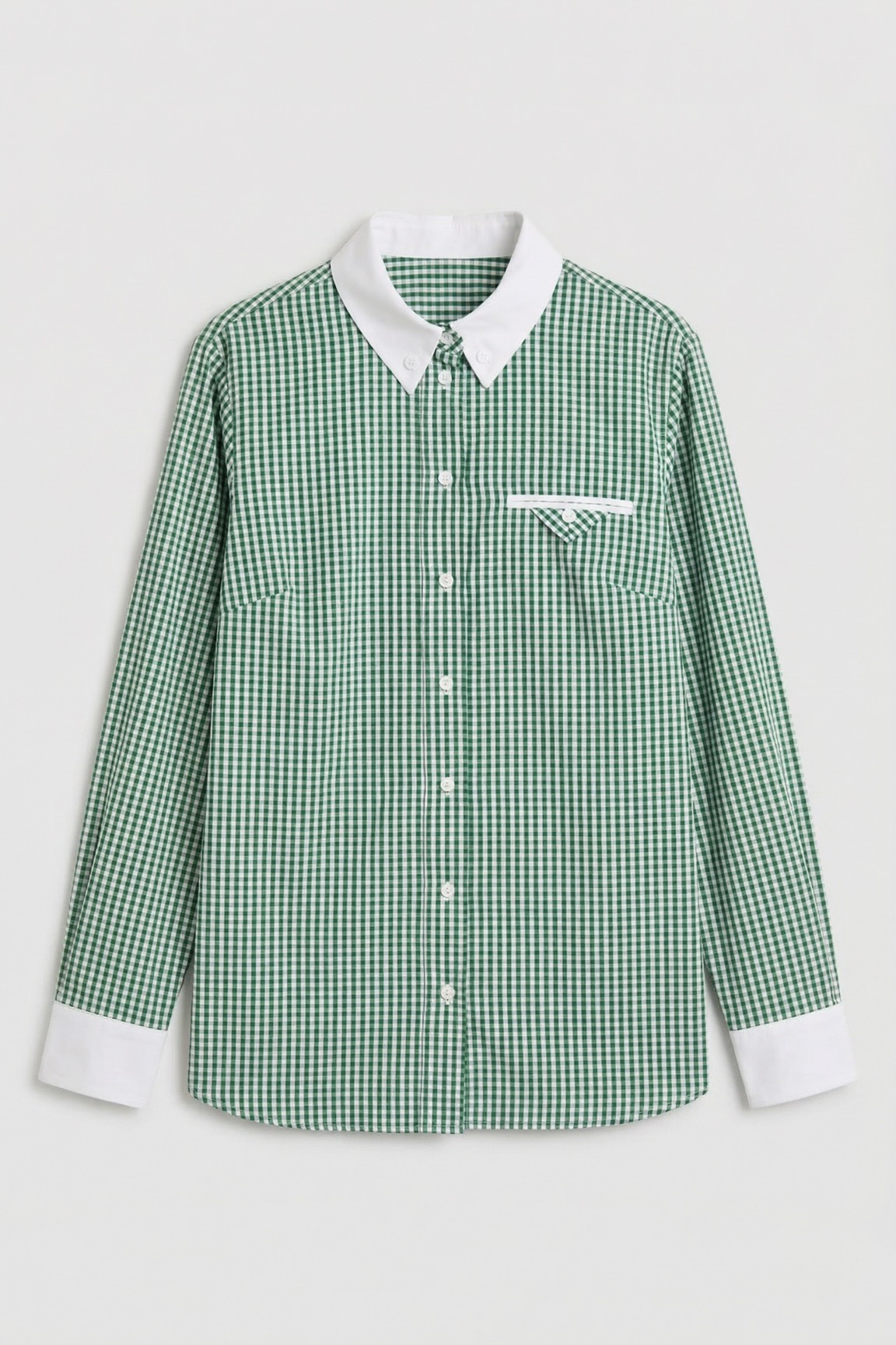 Рубашка в клетку с белым воротником, зеленый