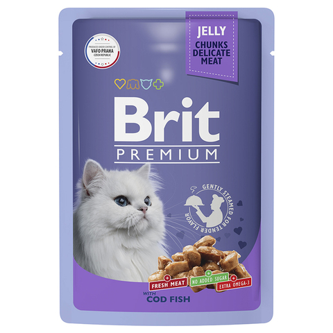 Влажный корм Brit Premium с треской кусочки в желе, для взрослых кошек, 85 г.