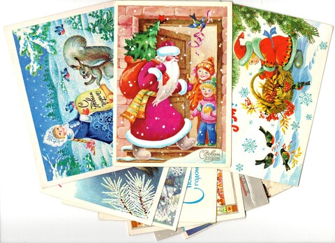 Подборка поздравительных Новогодних открыток — 10 штук— художники Похитонова, Достян, Поклада и др —чистые, без повторов, винтаж времен СССР