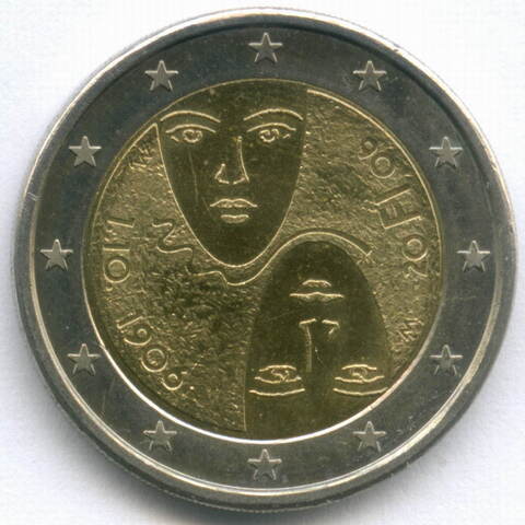 2 евро 2006 год. Финляндия. 100 лет равного избирательного права. Биметалл XF-AU