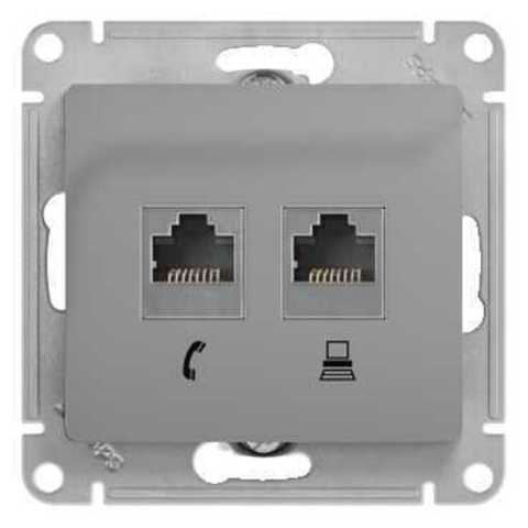 Розетка двойная RJ11+RJ45, категории 5Е. Цвет Алюминий. Schneider Electric Glossa. GSL000385