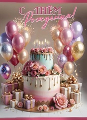 Открытка, С Днем Рождения, Торт и подарки, с блестками, 20,5*27,6 см, 1 шт.