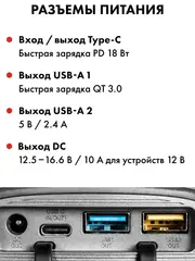 Пусковое устройство QUATTRO ELEMENTI Nitro 20 (12В, 20000 мАч, 1600 А, Type-C, USB-A, дисплей, фонарь (919-265)