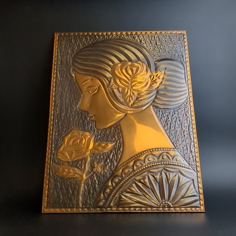Панно настенное "Роза". металл, медная чеканка, Владимирское УМП. 38,5х28,5 см. СССР, 1975-1990 гг.