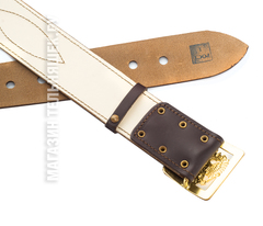 Купить коричневый ремень с юфтью - Магазин тельняшек.ру 8-800-700-93-18Ремень кожаный Офицерский с юфтевой прострочкой Коричневый с пряжкой латунь Герб РФ в Магазине тельняшек