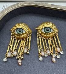 73343- Длинные серьги GREEN EYE в стиле Schiaparelli с подвесками