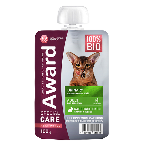 Влажный дополнительный корм AWARD SPECIAL CARE Urinary "мясное пюре" для взрослых кошек для профилактики мочекаменной болезни из курицы с кроликом 100г