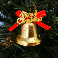 Золотые колокольчики с красным бантиком Merry Christmas, 6 шт
