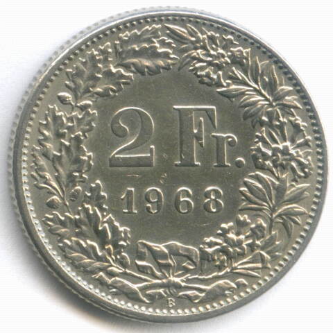 2 франка 1968 год. Швейцария. Медно-никель XF