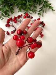 Ягоды рябина красно-бордовые искусственные на ветке, зонтиком, ягодки 0,9-1,5 см, набор 10 шт.