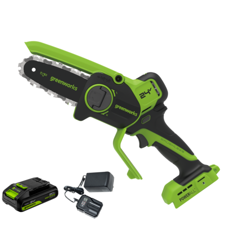 Цепная мини-пила аккумуляторная Greenworks CS2410A, 24V, 10см, бесщёточная, с автоматической смазкой цепи, c 1хАКБ 4Ач и ЗУ (CS2410AUB)