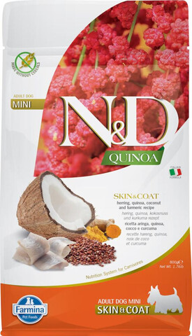 Farmina N&D GF Quinoa Skin&Coat Herri Mini сухой корм для собак мелких пород  (сельдь) 800г