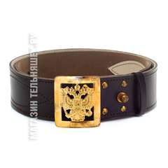 Купить кожаный офицерский ремень - Магазин тельняшек.ру 8-800-700-93-18Ремень кожаный Офицерский с юфтевой прострочкой Коричневый с пряжкой латунь Герб РФ в Магазине тельняшек