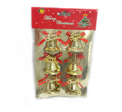 Золотые колокольчики с красным бантиком Merry Christmas, 6 шт