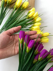 №2 Крокусы-подснежники искусственные, Желто+малиновый ПЫШНЫЙ микс, 35 см, более 90 бутонов в наборе, набор 3+3 букета, всего 6 букетов.