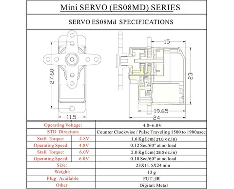 Сервопривод EMAX ES08MD II (1.6-2.0 кг/см, 0.12-0.10 сек/60°, 13г) Mini For RC Model