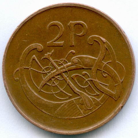 2 пенса 1995 год. Ирландия. Сталь с медным покрытием, диаметр 25,9 мм. XF