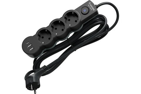 Сетевой фильтр, удлинитель Космос  YKsm1.5m3g-Z-VU10A-B 3 розетки 1.5 метра, USB, черный, заземление, выключатель, 10А, 220 вольт, ПВС 3х1, IP20 - купить в компании MAKtorg