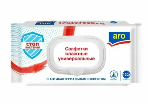 Aro Влажные салфетки универсальные Антибактериальные с клапаном ,100 шт