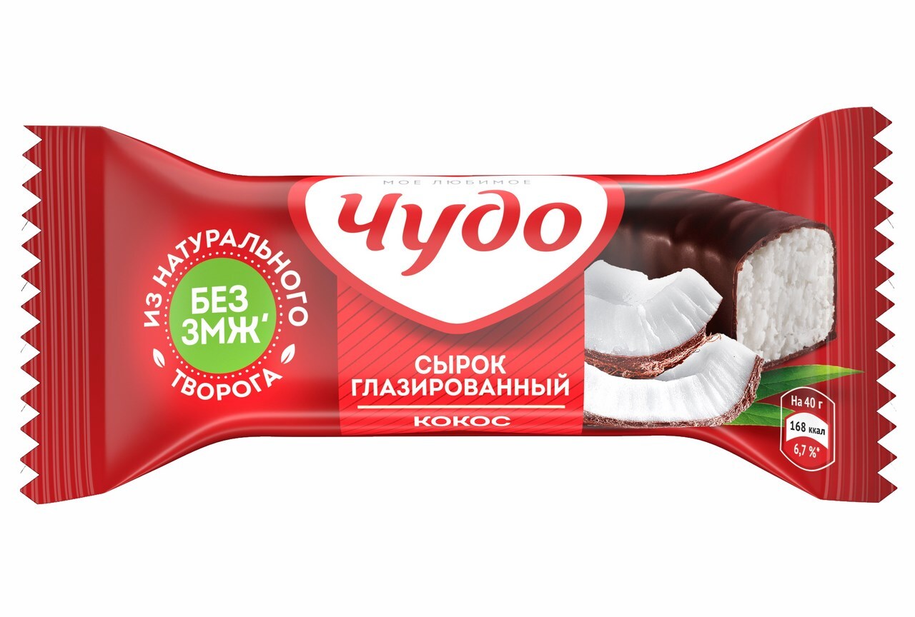 Сырок творожный Чудо со вкусом кокоса глазированный 28.7%, 40г БЗМЖ с  доставкой по Новосибирску. Гипермаркет МЕГА-Гастроном.