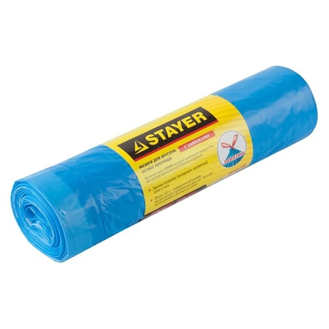 Stayer 120 л, 10 шт, синие, особопрочные, особопрочные с завязками, мусорные мешки (39155-120)