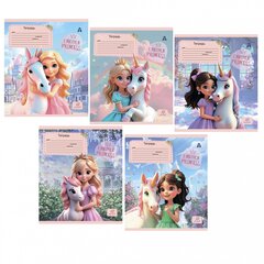 
          Тетрадь 12л., клетка, Alingar, скрепка, блок офсет, 100% белизна, мелованный картон (стандарт), "Принцесса и единорог", 5 дизайнов в пленке т/у