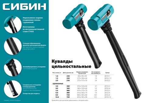 СИБИН 10 кг, 720 мм, цельностальная кувалда с удлинённой обрезиненной рукояткой (20132-10)
