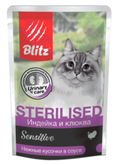 Влажный корм для стерилизованных кошек Blitz Sensitive Sterilised Cat Turkey and Cranberries in Gravy индейка и клюква, 85 гр. В комплекте 24 шт