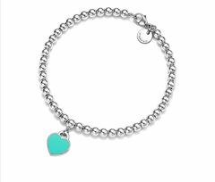 51889- Браслет-дорожка Tiffany из серебряных бусин с подвеской сердце lux с мятной эмалью