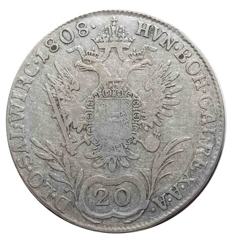 20 крейцеров. Франц I. А. Австрия. 1808 год. Серебро. F