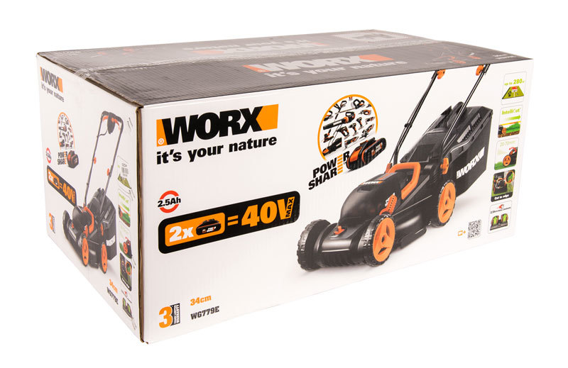 Газонокосилка аккумуляторная WORX WG779E.1, 40В, 34 см, 4Ач х2, двойное ЗУ 2x2A