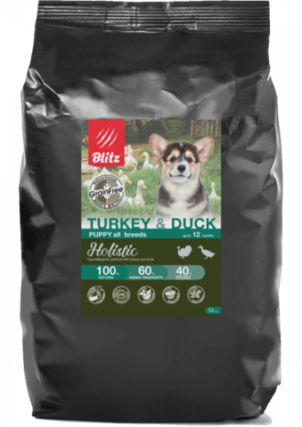 Blitz Holistic Turkey & Duck Puppy, щенки всех пород, сухой, индейка утка (12 кг)