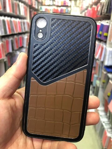 Силиконовый чехол с карбоном и эко-кожей Durable case LP series для iPhone XR (Коричневый)