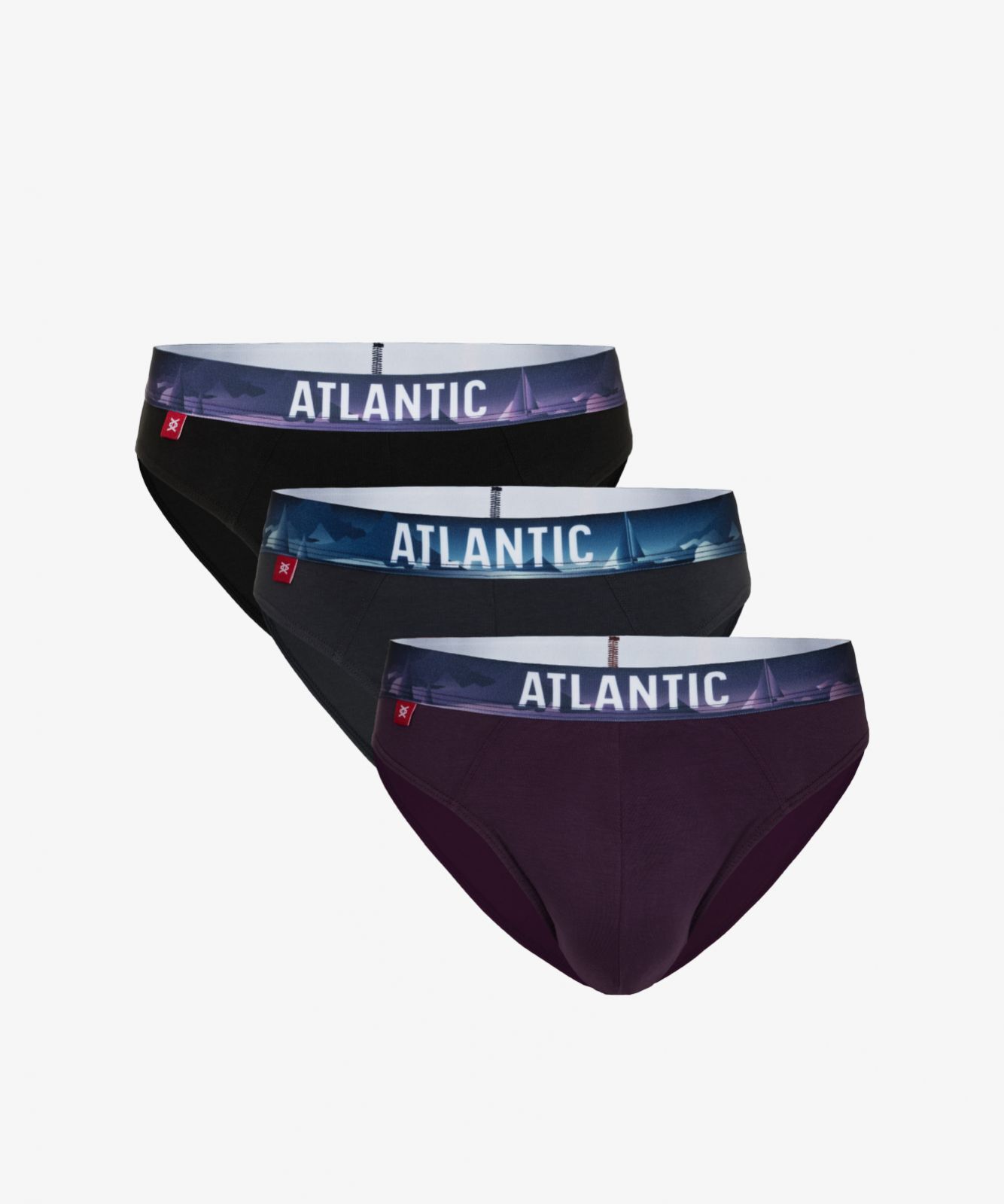 Мужские трусы слипы спорт Atlantic, набор 3 шт., хлопок, черные + графит + темно-фиолетовые, 3MP-139