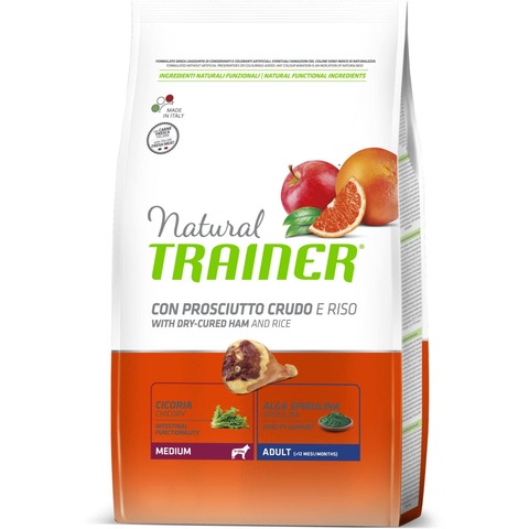 Сухой корм Trainer Natural Dog Medium Adult - Dry-Cured Ham and Rice 12 кг.