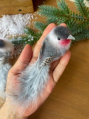 Птички серые с красной грудкой, на зажиме, перьевые, 16*4*5 см, набор 2 шт.