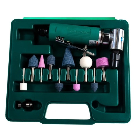 Jonnesway JAG-0913RMK Набор бормашинка пневматическая угловая 18000 об/мин., патрон 3/6 мм, L-155 мм с насадками, 15 предметов