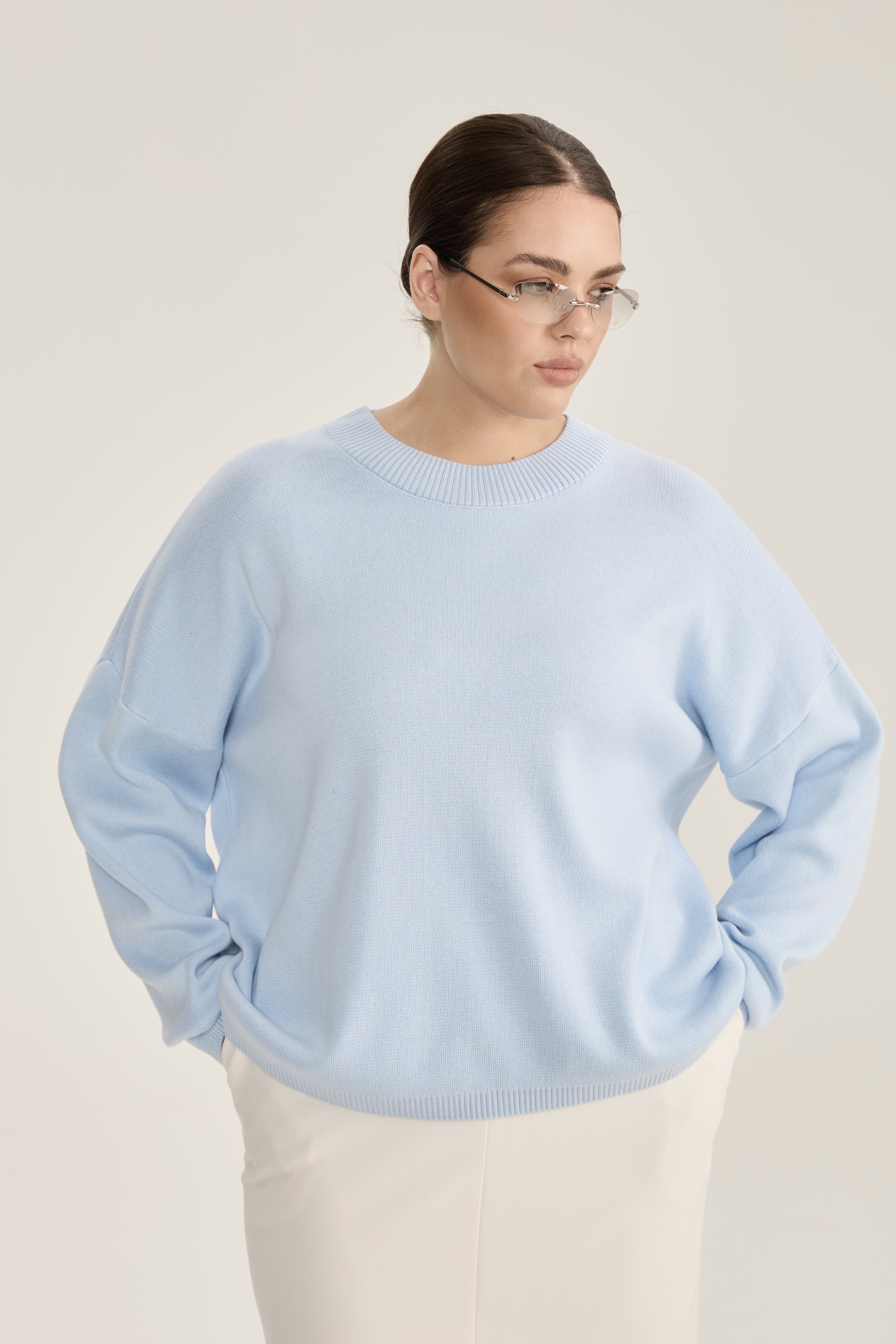 Джемпер вязаный с круглым вырезом, голубой