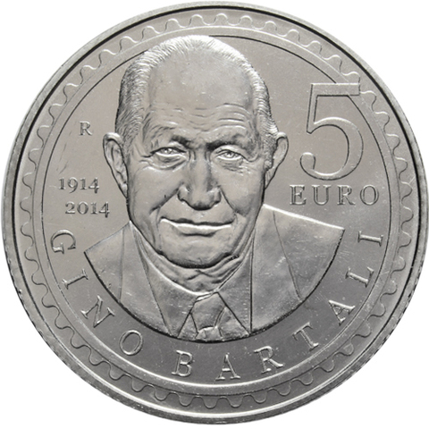 5 евро. 100 лет со дня рождения Джино Бартали. Сан-Марино. 2014 год. UNC. Серебро